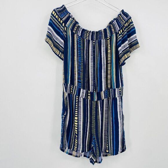 LOFT Lounge Size Medium Blue & Yellow Striped Off The Shoulder Romper w/ Pockets - Picture 1 of 10